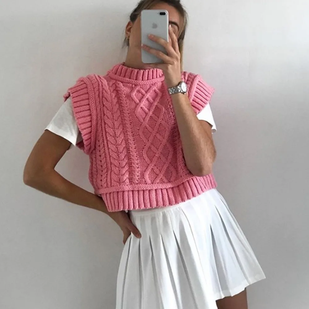 

YICIYA 2021 Autumn Sweater Cropped Sweater Tank Pretty Pink Sweater Vest Women Cable Knit Sleeveless Knits Jumper Pullovers