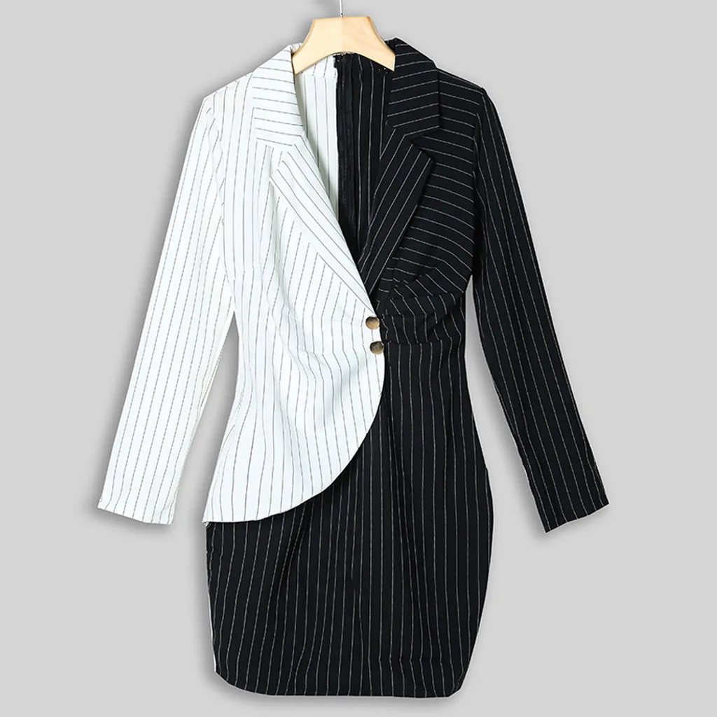 Women's Dress Turn Down Neck Long Sleeve Buttons Striped Patchwork Bodycon Blazer Jacket Office Ladies Work Vestidos | Женская