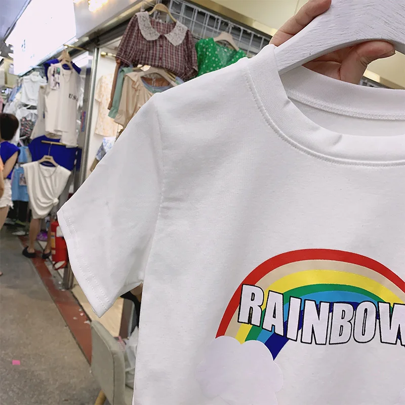 

2021 Summer Round Neck Rainbow Printing Short T Shirt for Women Short Sleeve White Casual Top Female Korean Black T Shirt