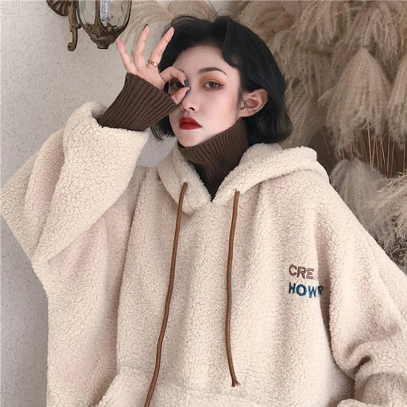Winter Autumn Fake Two-piece Warm Lamb Wool Hooded Sweatshirts 2021 Knitted Halter Loose Tops Coats Ladies Fashion Genshin Mpact