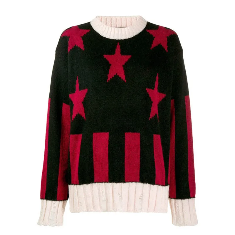 Женский вязаный свитер со звездами свободный трикотажный джемпер с длинным