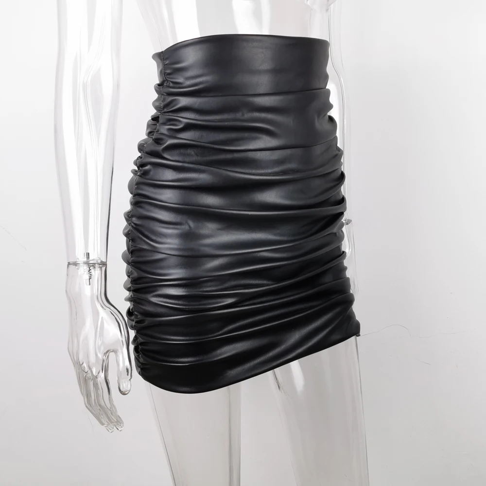 

Sexy Black PU Mini Skirt Pleated Ruched High Waist Night Club Streetwear