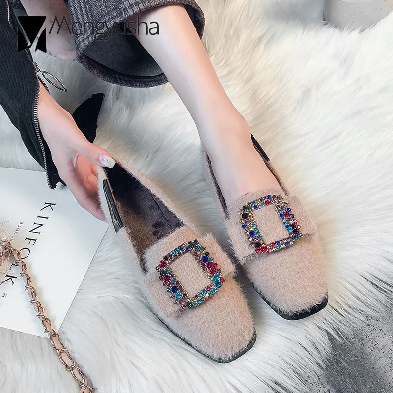 Разноцветные туфли без задника Пряжка со стразами меховые на плоской подошве