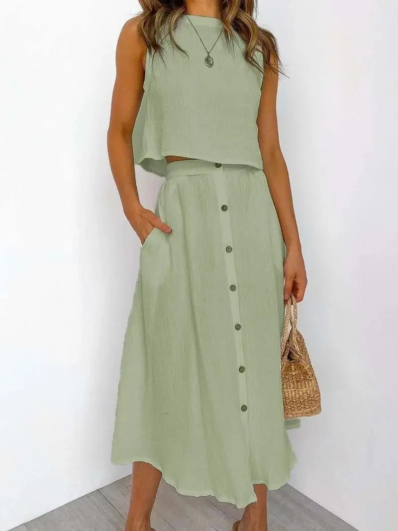 

Loose Casual White Cotton Linen Ladies Suit Summer Beach Style Women Skirt Set Sleeveless Crop Tops Button Pockets Skirts