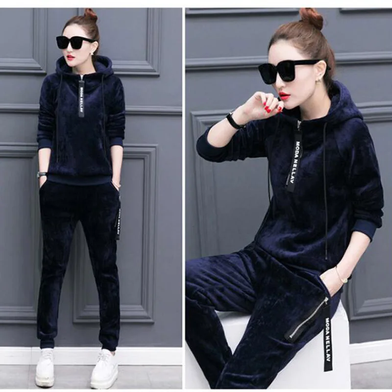 

Women Sportswear 2pcs Set Winter Warm Velour Tracksuit Two Piece Set Long Sleeve Hoodies and Pants Sweat Suits Women Outfits