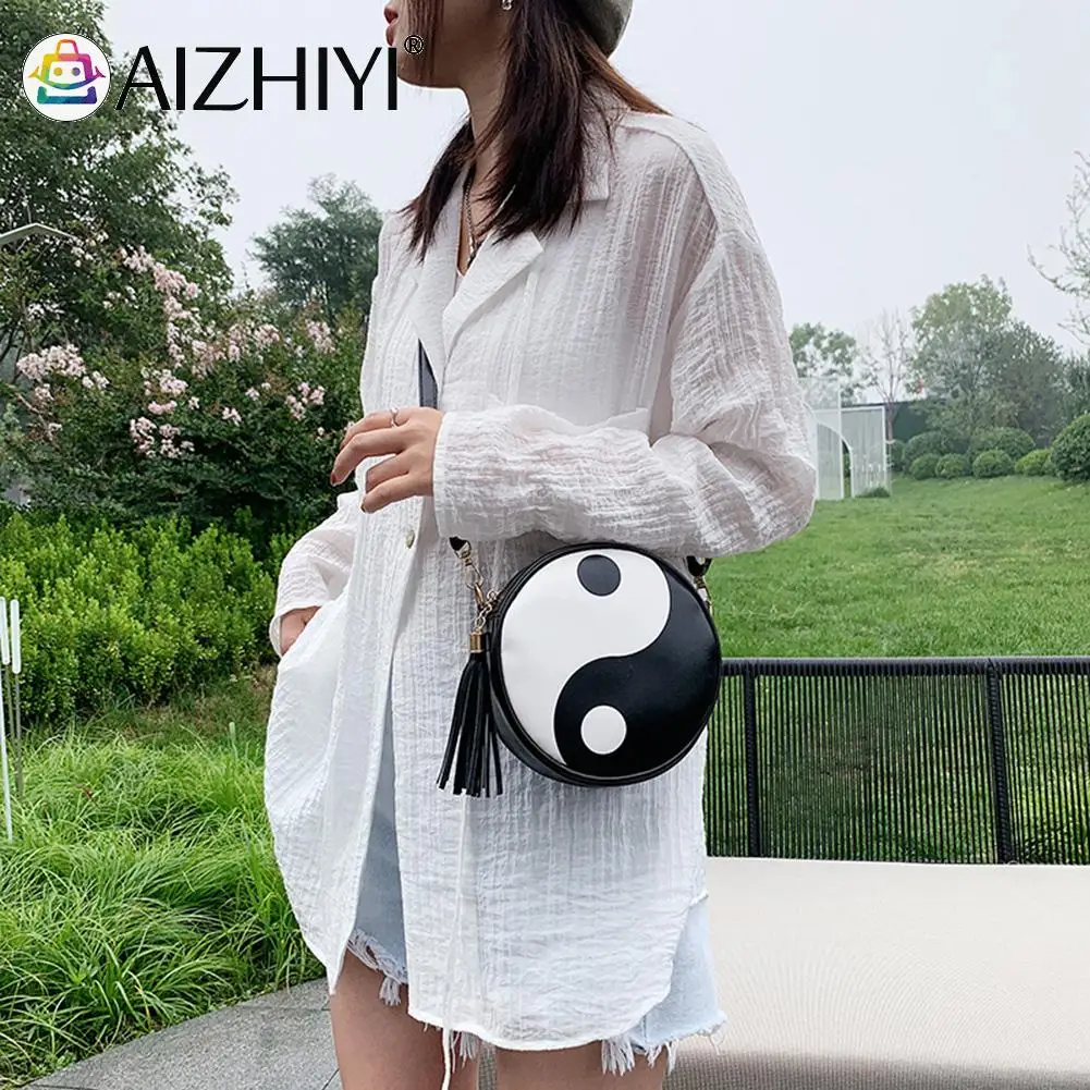 

Vintage Women Tai Chi Yin Yang Tassel PU Leather Shoulder Messenger Bag Casual Ladies Hit Color Mini Round Purse Handbags