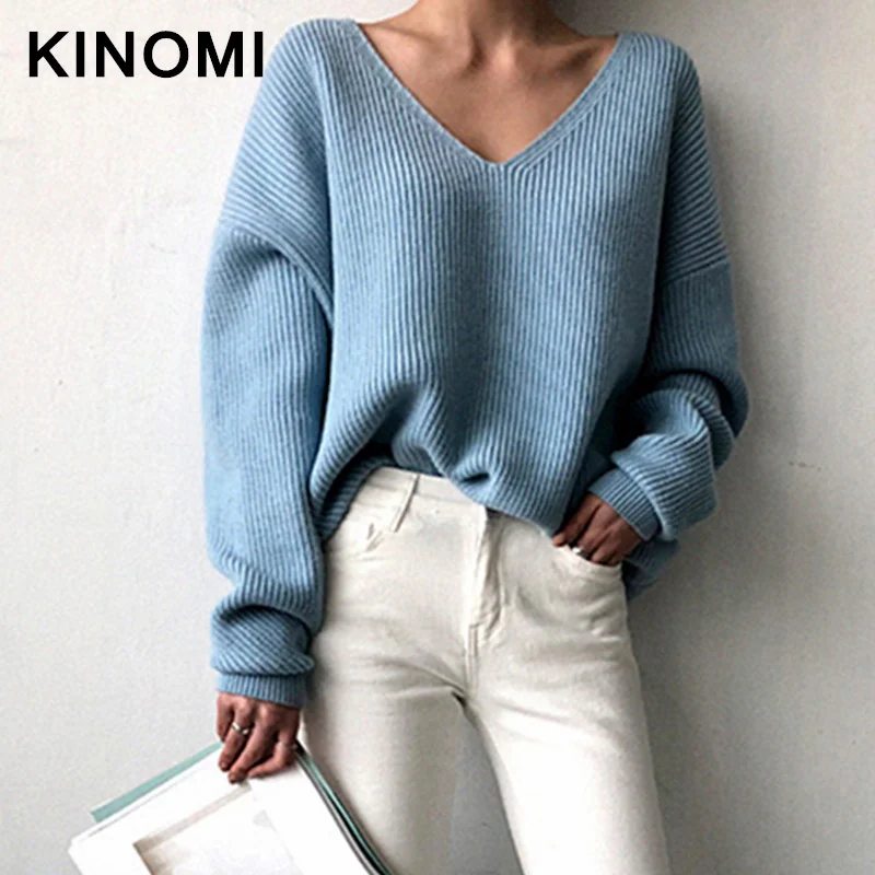 KINOMI новинка 2019 Осень-зима женские свитера с v-образным вырезом минималистичные