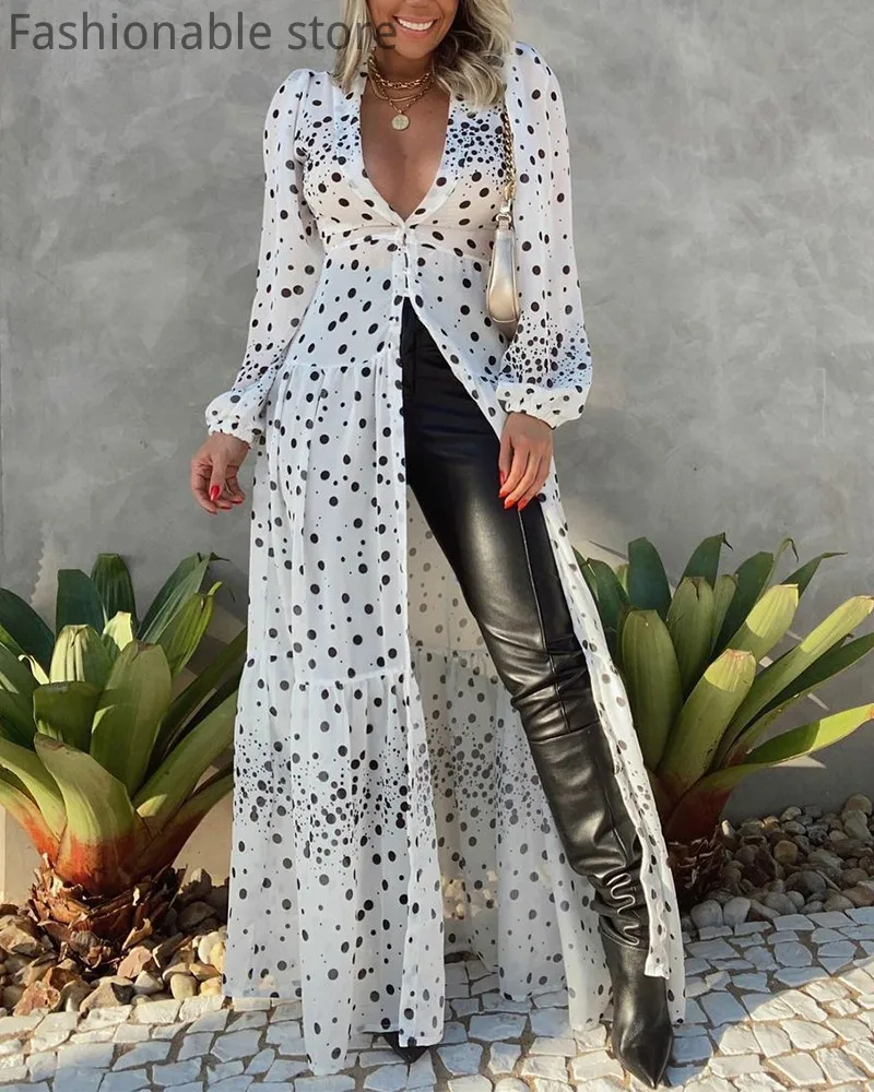 

Women Deep V Neck Polka Dot Lantern Sleeve Button Design Maxi Dress