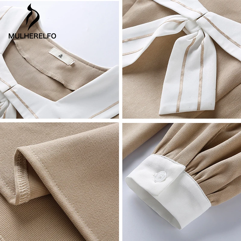 

Navy Collar Stitching Vintage Women's A-Line Long Skirt High Waist Bow Belt Ladies Dress Early Autumn Casual Sweet Female Dress