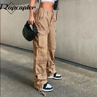 rapcopter ruched big pockets cargo jeans retro sporty low waisted trousers light brown fashion streetwear denim joggers women