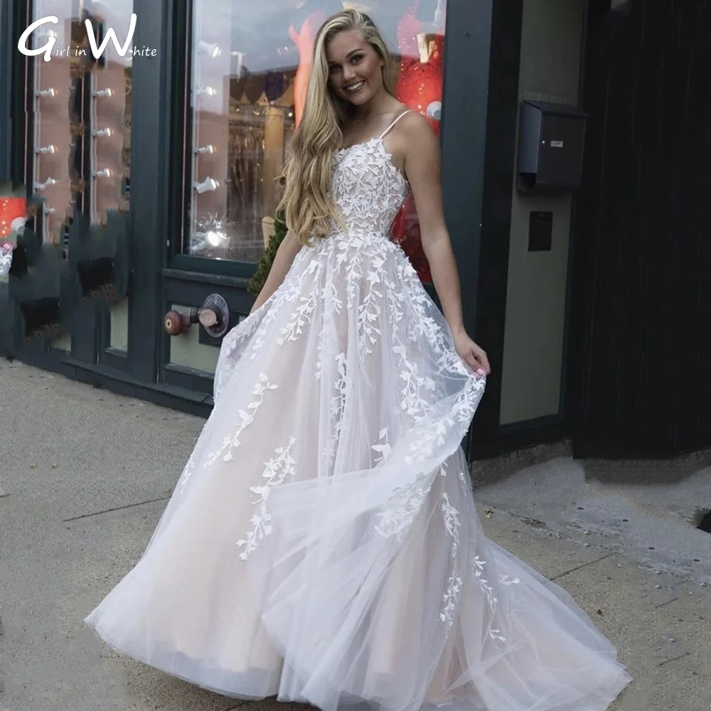 

Sexy Spaghetti Straps A-line Wedding Dress 2022 Bohemia Lace Bride Dresses Appliques Beach Boho Bridal Gown Robe De Mariée