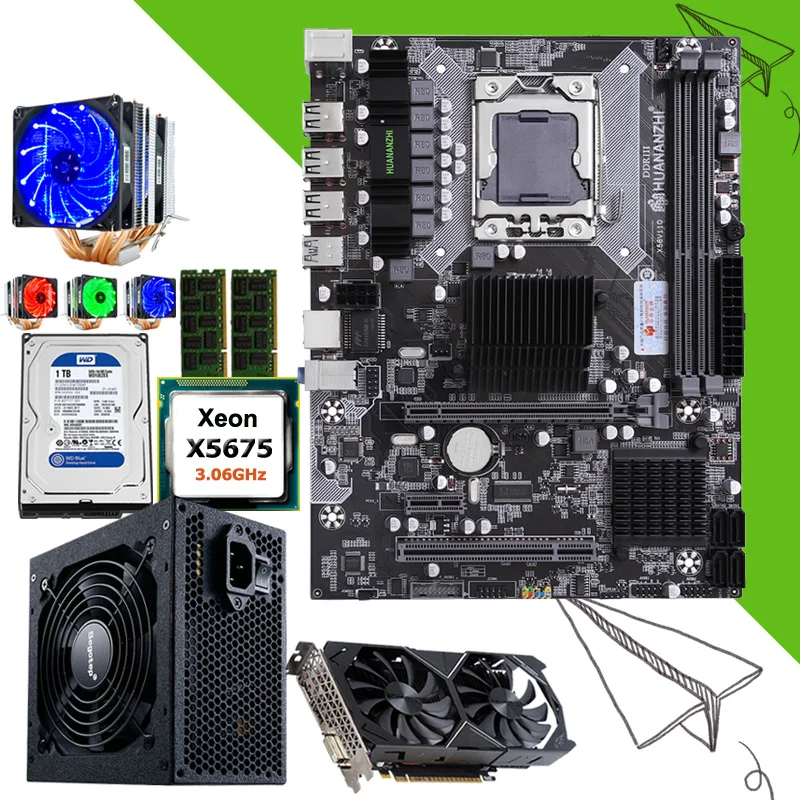 Материнская плата HUANANZHI X58 Combo Xeon X5675 3 06 ГГц 6 Трубок кулер ЦП 2*8 ГБ 16 ОЗУ RECC 1 ТБ HDD 500