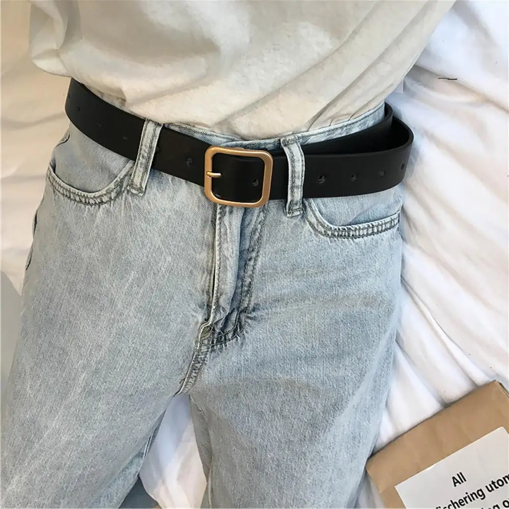 

Ремень с квадратной металлической пряжкой женский, регулируемый черный невыцветающий пояс с дырками для джинсов, Дамский Пояс