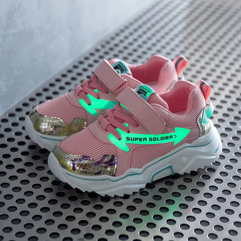 Новинка 2019 детская светящаяся обувь ПУ + сетка кроссовки ярлыки верх