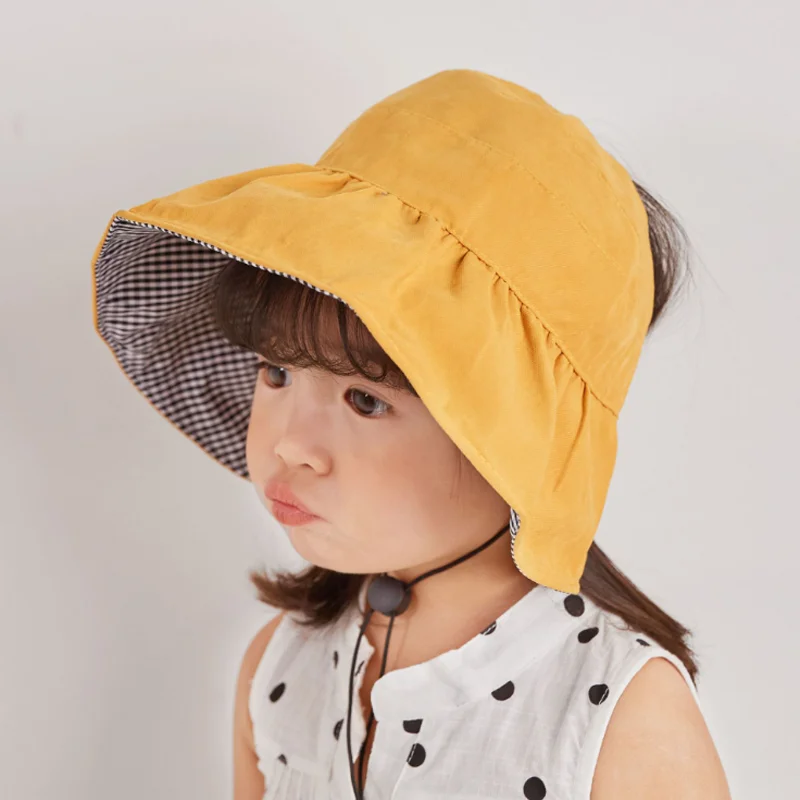 Summer Baby Hat for Girls Double-sided Beach Visor Cap Kids Sun Hats Cotton Wide Brim Children with Wind Rope | Детская одежда и