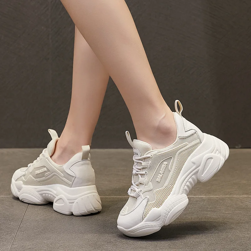 

Chunky Sneakers Genuine Leather Woman Shoes Breathable Casual Lace Up Mesh Dad Soles Ladies Internal Increase Platform Footwear