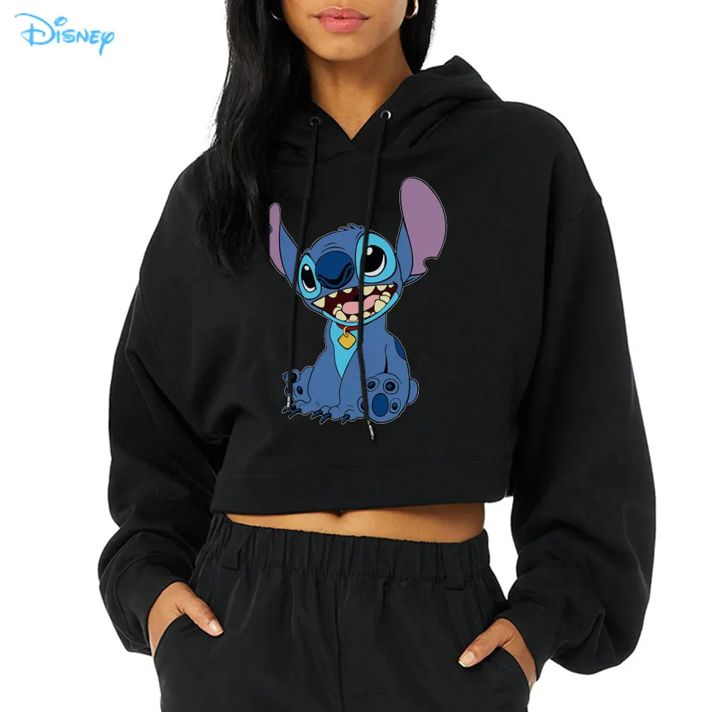 Черные толстовки для женщин 2021 укороченный топ с изображением Диснея Стича оханы
