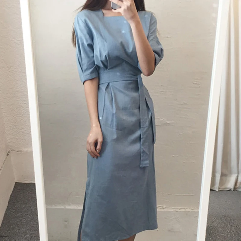 Платье женское летнее из хлопка и льна с круглым вырезом коротким рукавом |