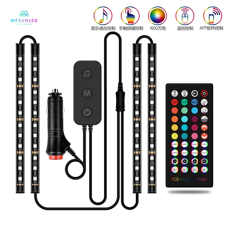 

4pcs Mfsunled Led Car Light with Bluetooth USB Car Atmosphere Light Bar Colorful RGB Car Music Interior Light Soft Light Strip