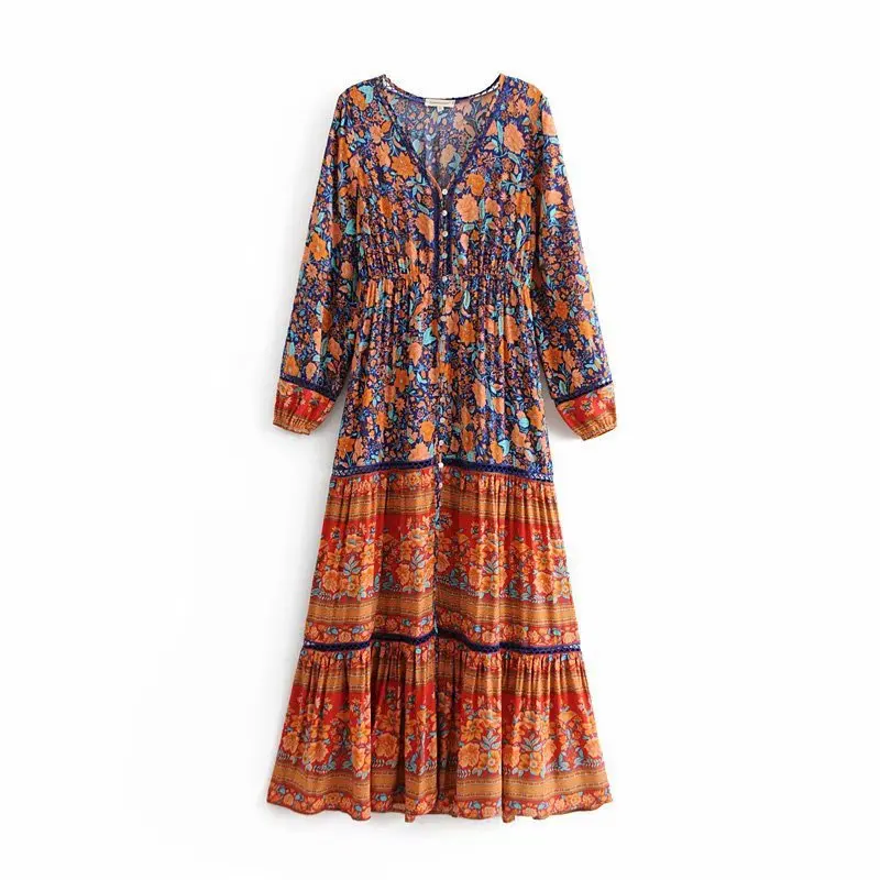 

ZOGAA Spring Summer Leisure Vacation Beach Dress Bohemian Retro Print Dresses Sexy V-neck Hollow Long Skirt Female New