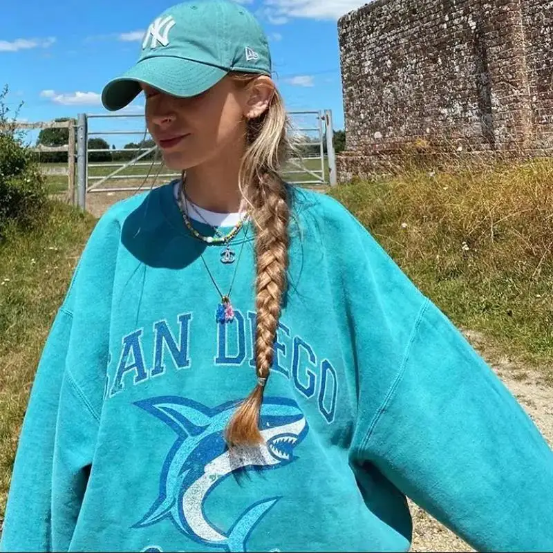 

Fashion Brand Design Blue-green Letter Print Sweatshirts Vintage Y2K Thick Winter Clothes Women Oversized Harajuku Clothes Teens
