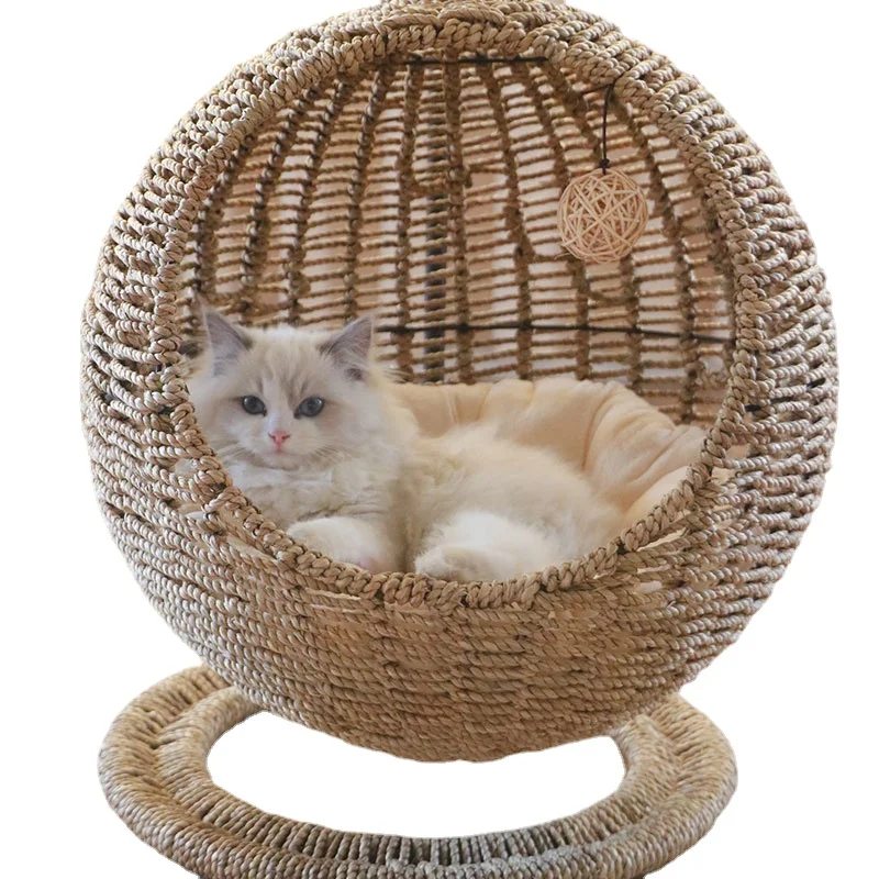 

Ротанговая подвесная корзина для кошек, полузакрытая круглая Всесезонная Универсальная съемная и моющаяся корзина для домашних животных, ...