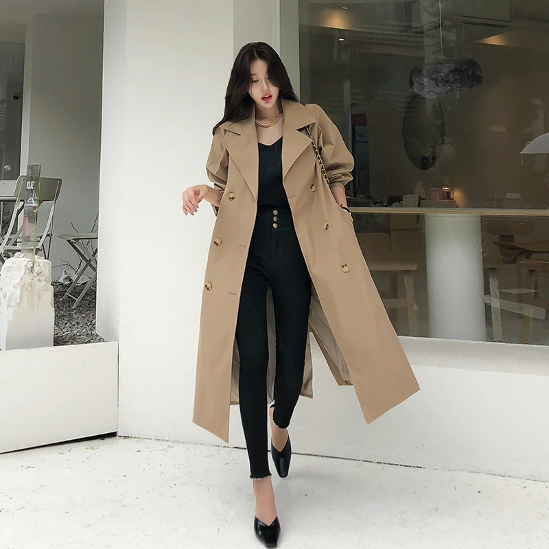

YOSICIL Elegant khaki autumn winter women trench High street fashion long sleeve windproof coat Split lace up straight coat 2021