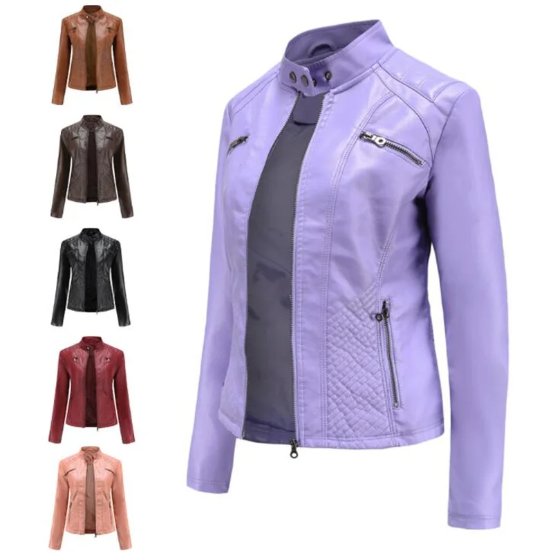 

Женская кожаная куртка с воротником-стойкой, однотонная повседневная одежда в европейском и американском стиле для весны и осени, 2021