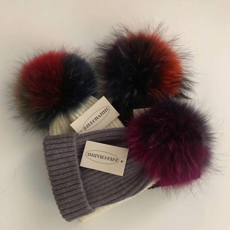 

Fashion New Real Fox Fur Mink Pompoms 18cm Skullies Beanies Hats For Women Girl Winter Warm Hats Children Skullies Beanies Hat