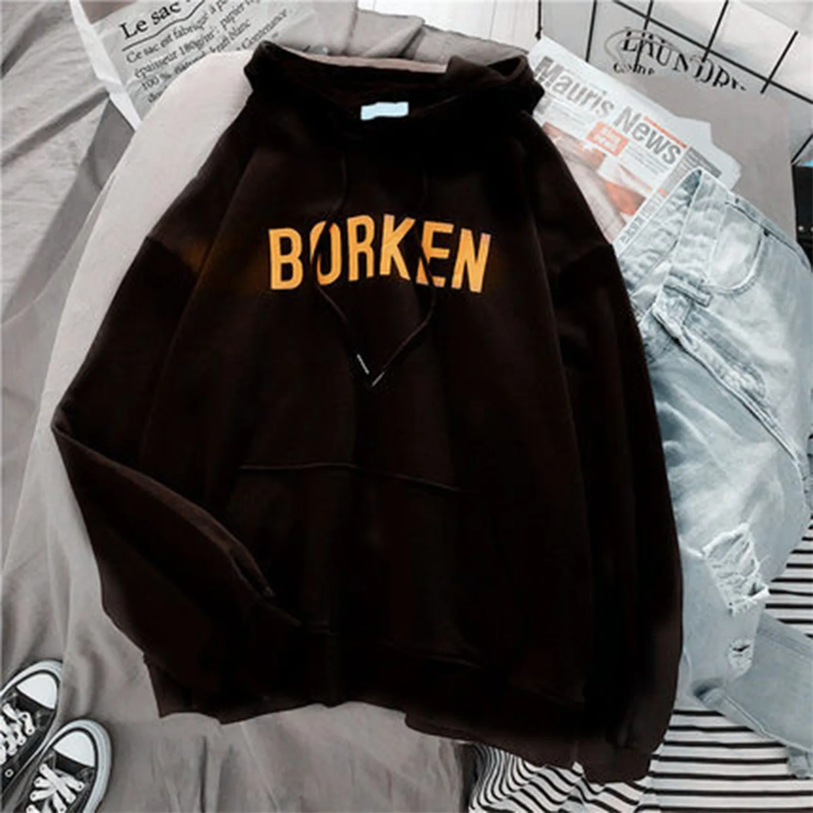 

Men Women Vintage Punk Letter Hip Hop Hooded Hoodies BORKEN Letter Print Sweatshirts Fashion Hoodies Korean Style Hoodies Femme
