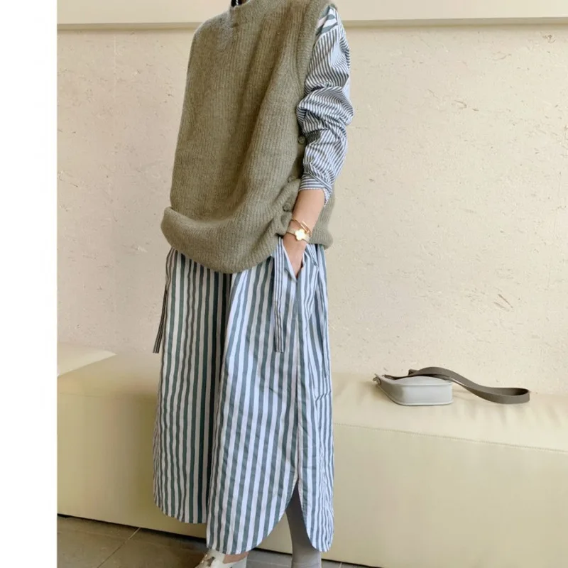 

2020 autumn new stripe long-sleeved turn-down collar mid-calf gray Korean style loose women's dress fashion tide V647