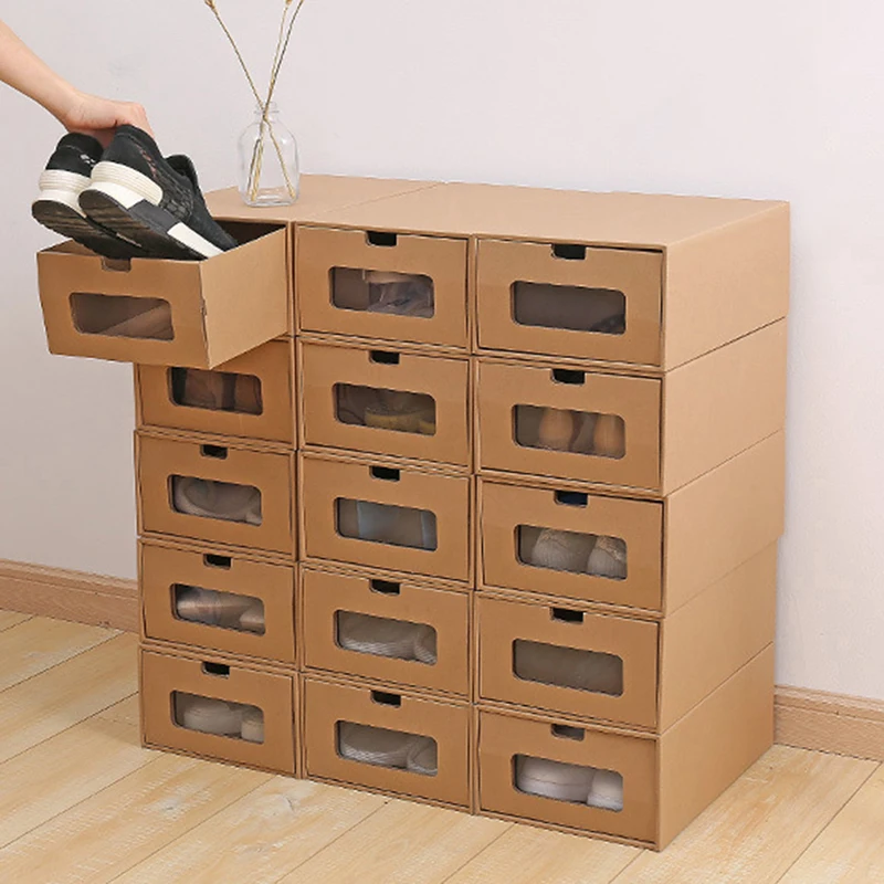 

1pcs Paper Shoe Box Stackable Foldable Shoe Organizer Drawer Storage Case With Flipping Clear Door Ladies Men