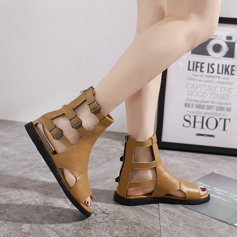 

2020 Korean summer new fashion versatile fish mouth Roman shoes flat bottom leisure zipper women's cool boots