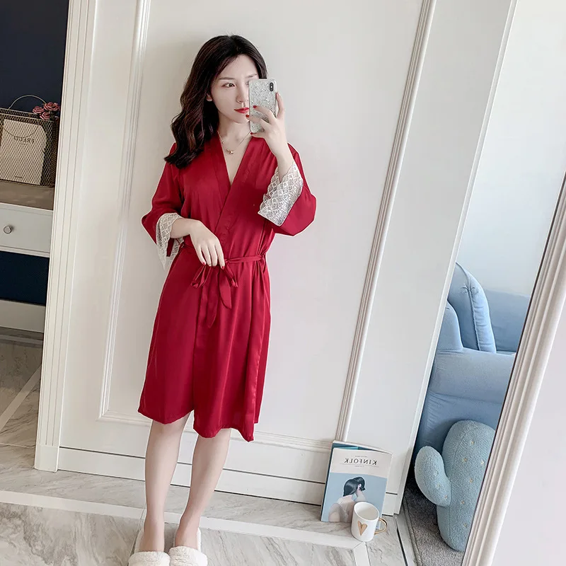 Sexy Nightgown Women Summer Silk Cardigan Robe Fresh Lovely Spring Autumn Home Bathrobe Thin Size Female Nightwear Sleepwear