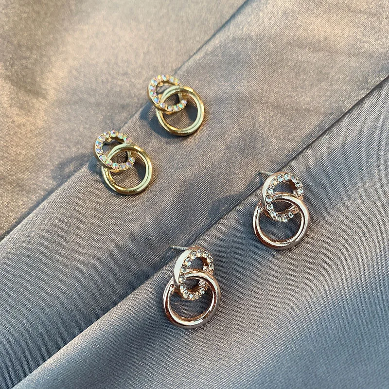 Женские серьги гвоздики золотого цвета двойные круглые геометрические из