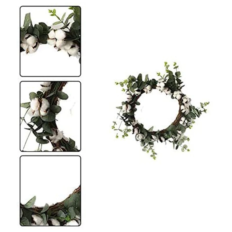 

Cotton Ring Farmhouse Natural Cotton Boll Antique Flower Round Wreath and Artificial Green Leaf Retro Wreath
