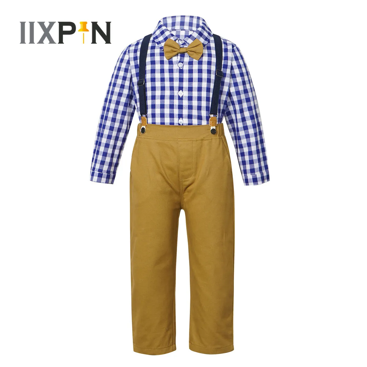 Купи 2Pcs Suits For Boys New Year Costume Children Gentleman Outfits Bowtie Long Sleeve Plaid Shirt + Suspender Pants Kids Party Set за 893 рублей в магазине AliExpress