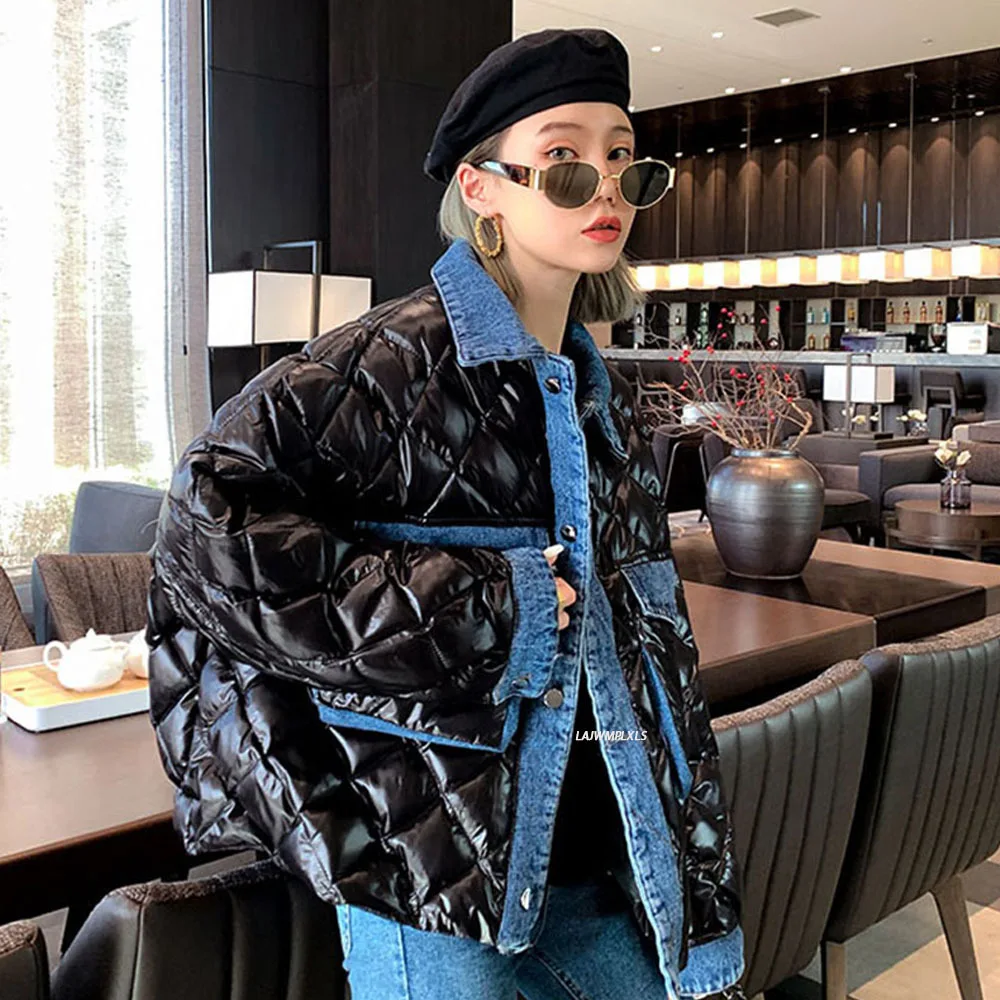 Куртка-бомбер женская джинсовая зимняя в клетку с подкладкой 2021 | Женская одежда