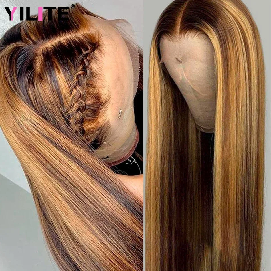 

HD Transparent Lace T Part Human Hair Wigs With Baby Hair Highlight Colored Ombre Brazilian Remy Hair Wig Glueless Natural Color