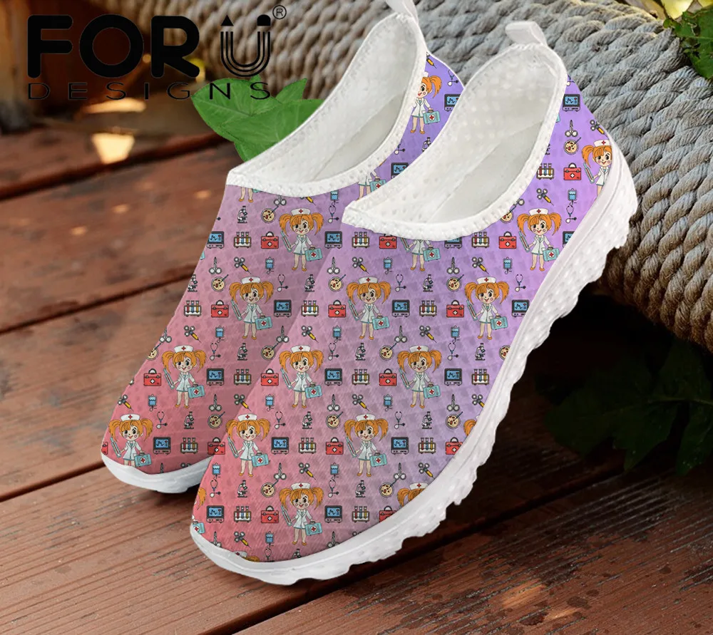 

FORUDESIGNS Cute Cartoon Nurse Caring Pattern Slip-on Loafers for Women Super Light Mesh Shoes Ladies Summer Flat Shoes Footwear