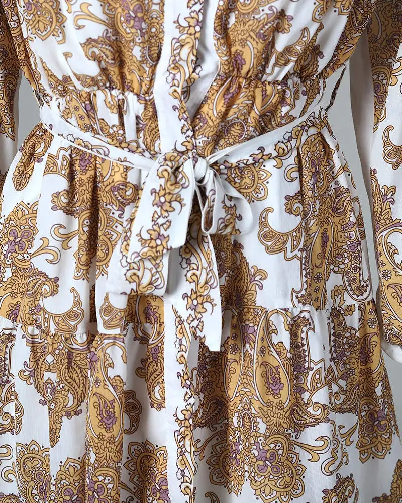 

Women's Floral Print Long Sleeve Dress Summer Casual Mini Beach Dress Turn-down Collar Lantern Sleever Dresses