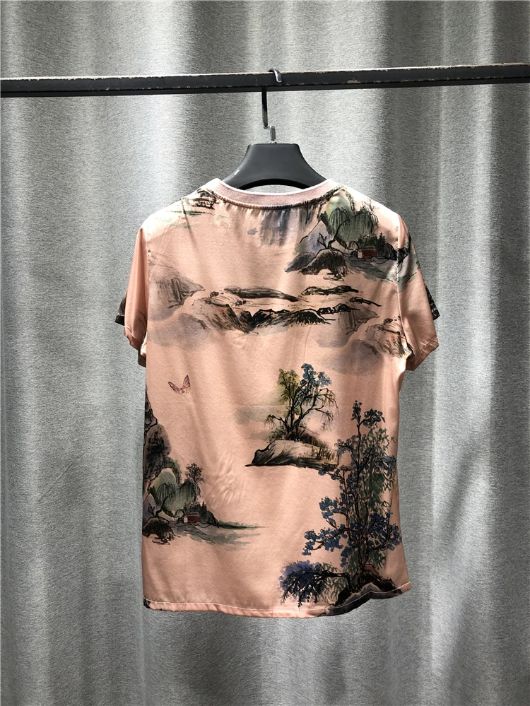 

Tshirt Women 2021 New Products In Spring Casual Pure Silk Round Neck Short Sleeve Top Natural Landscape Pattern Decoration