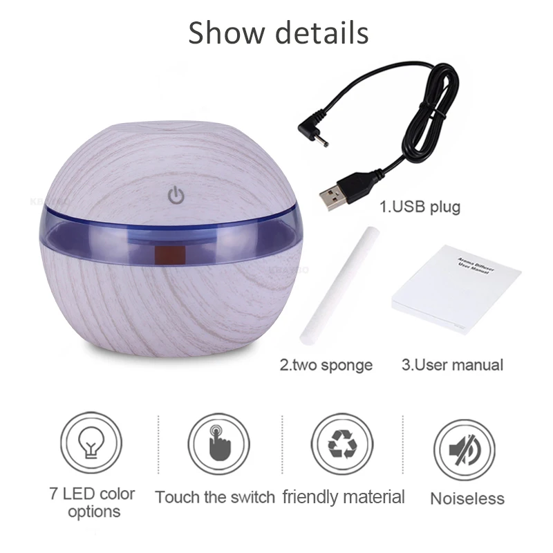 

KBAYBO 300ML aromatherapy essential oil diffuser electric sprayer white wood grain ultrasonic air humidifier 7 color LED lights