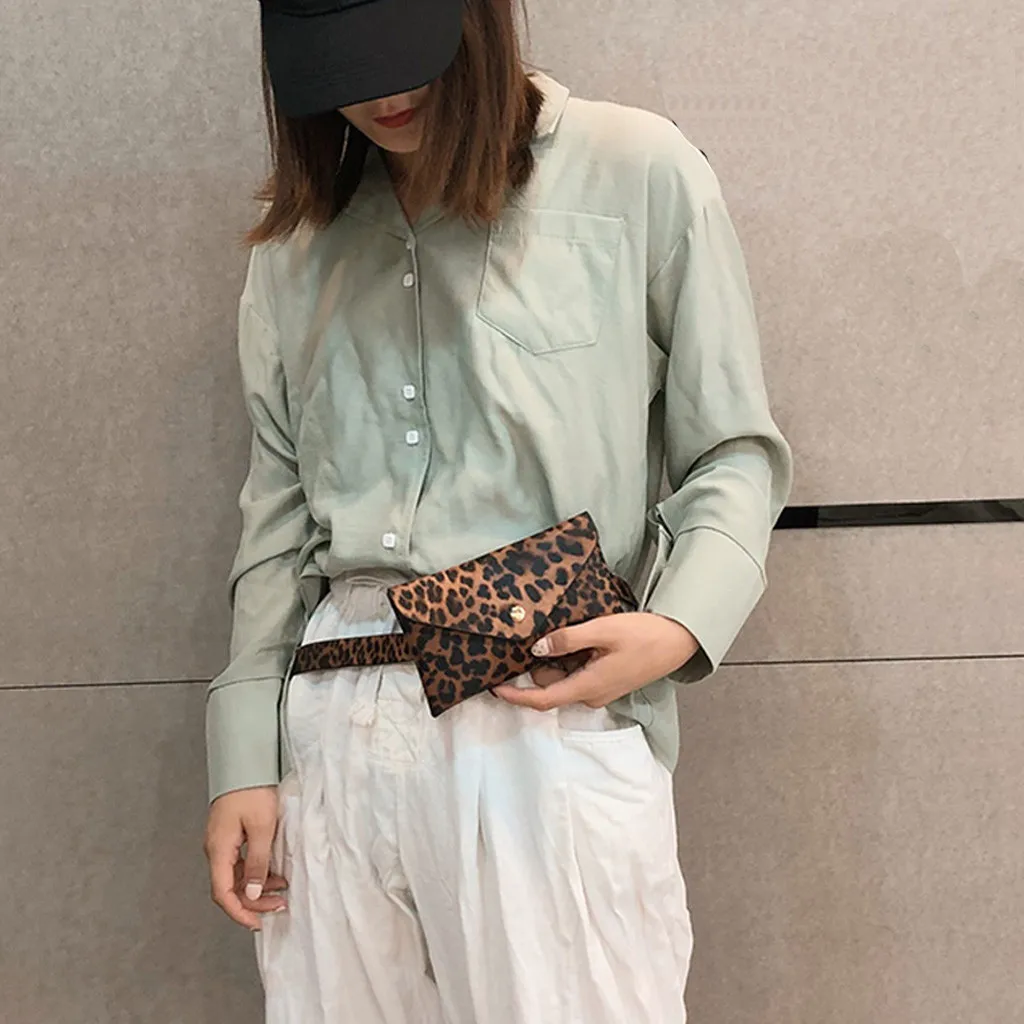 Женская поясная сумка кожаная с карманами уличная леопардовая через плечо