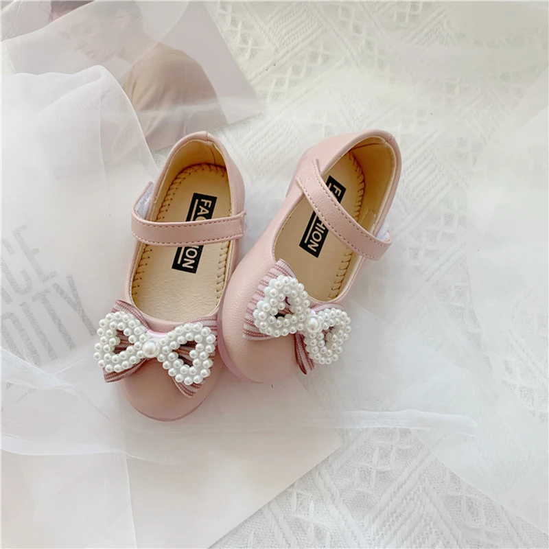 Children White Pearls Crystal Leather Shoes Toddler Girls Kids Baby Bowknot Mary Janes Princess Wedding Party Dress Shoe |