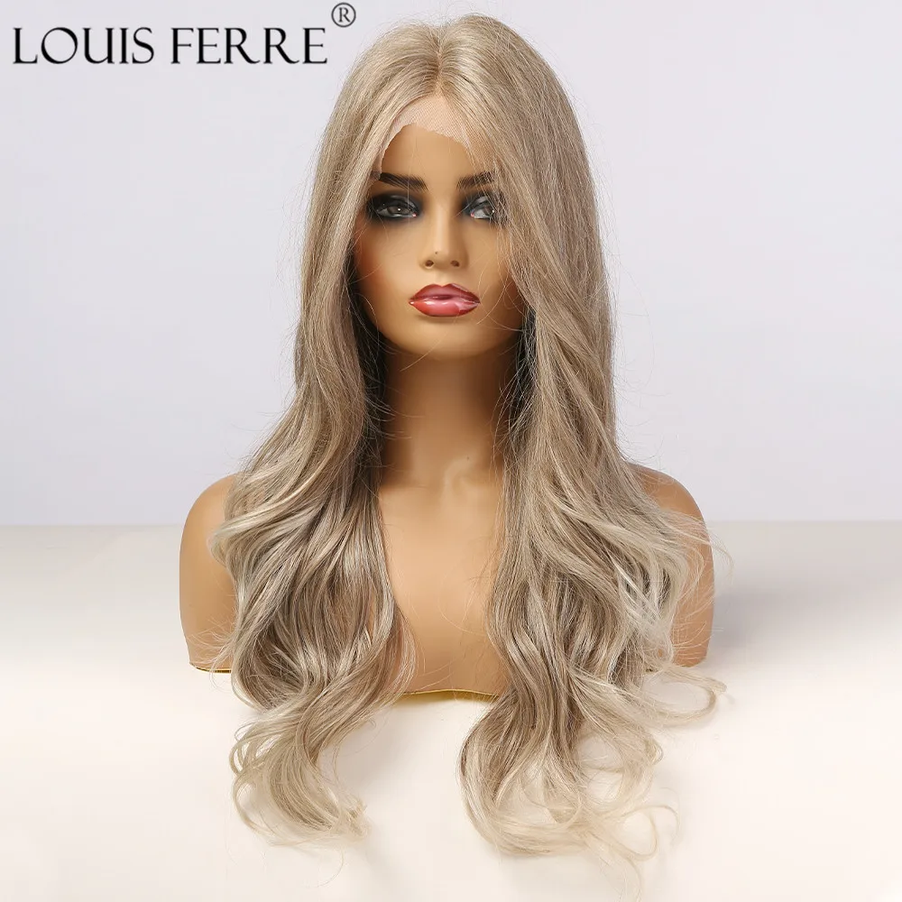 

LOUIS FERRE Long Water Wave Brown Lace Front Wigs for Black Woman Afro Cospaly Middle Part Synthetic Lace Wig Heat Resistant
