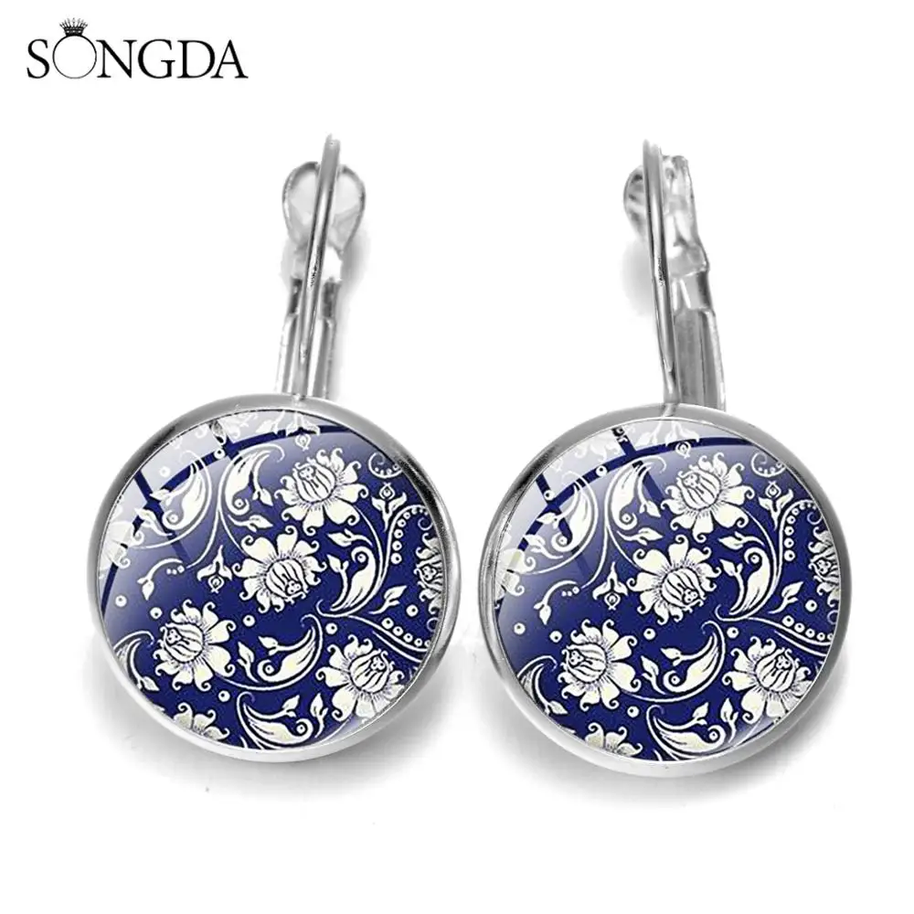 Женские серьги-крючки в стиле бохо с сине-белым фарфоровым узором цветочные