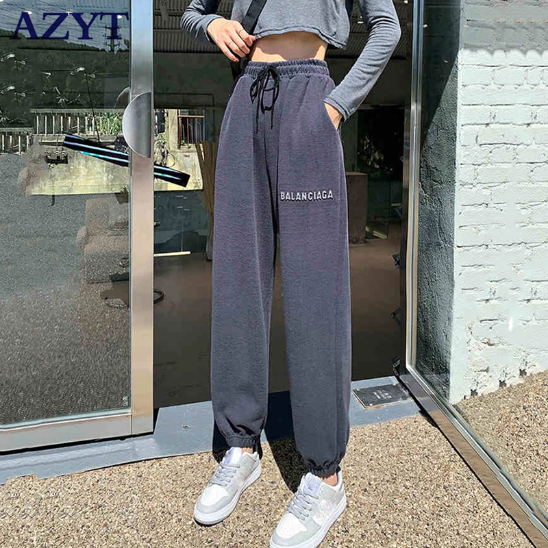 

Женские спортивные брюки-шаровары AZYT, повседневные свободные брюки с высокой талией, с буквенным принтом, в Корейском стиле, 2021