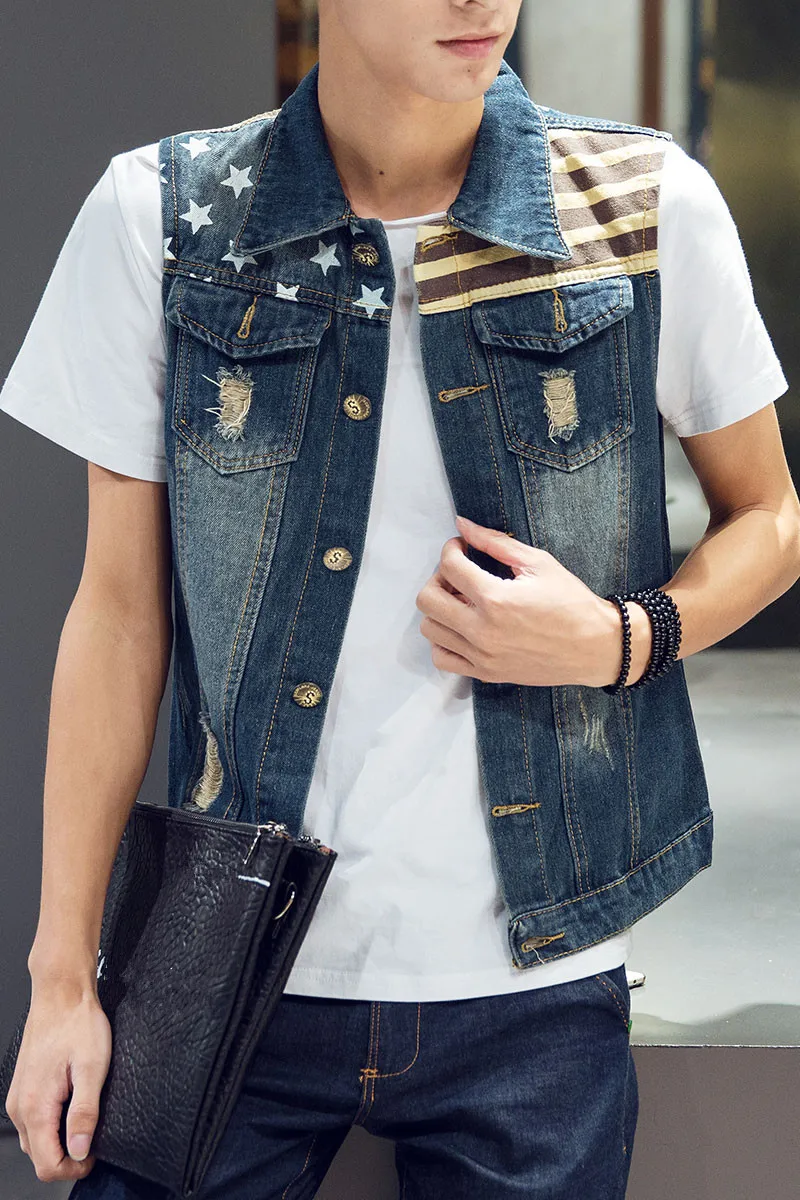 

2019 New Man Denim slim Vest Printed Men Fashion Tank Top Waistcoat Outerwear