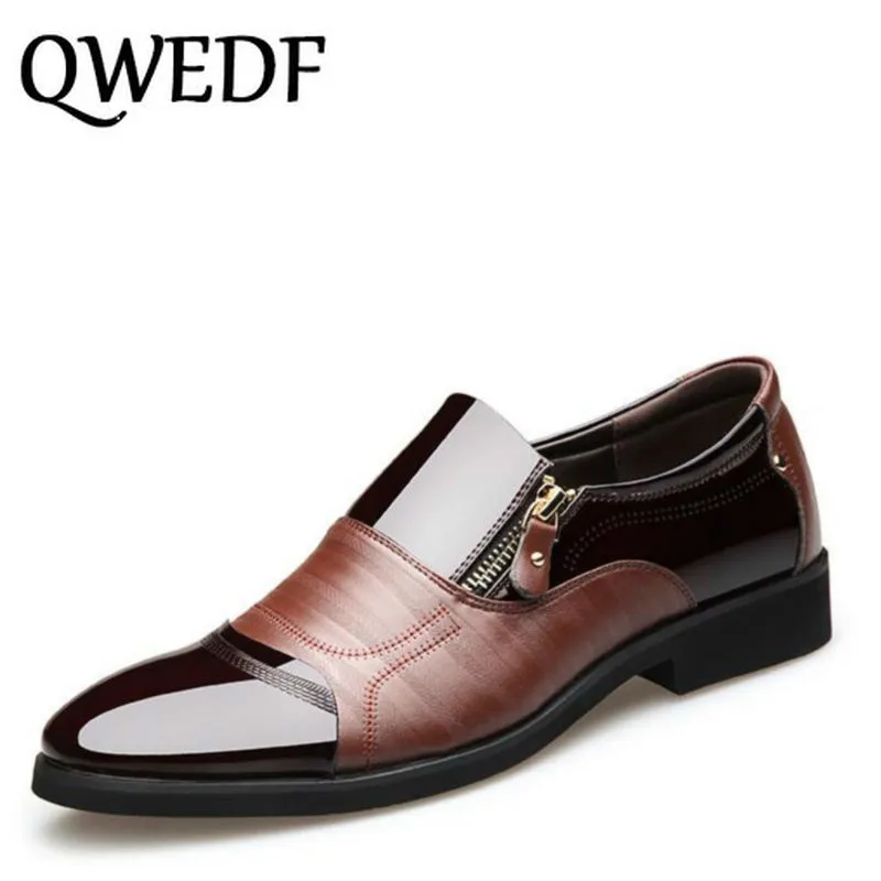 

QWEDF 2019 new fashion men's dress leather shoes metal zipper patchwork Casual shoes Comfortable Wedding Shoes Business BB-010